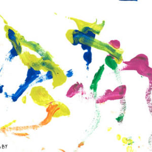 An abstract acrylic on canvas painting with pink, green, yellow, blue, and orange paint streaks on a narrow white background