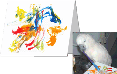 A greeting card with an abstract painting featuring swirling red, blue, yellow, and orange paint next to a photo of a Moluccan Cockatoo parrot holding a paintbrush in his beak, creating the painting