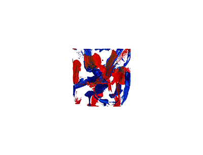 An abstract acrylic painting with red and blue streaks and dots on a white background