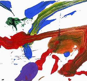 An abstract acrylic on canvas painting with red, blue, purple, and green paint streaks