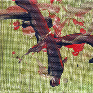 An abstract acrylic painting with red, burgundy, and navy streaks and dots on a green background