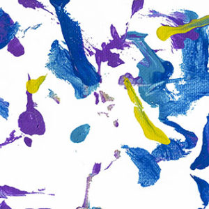 An abstract acrylic painting with blue, purple, and yellow streaks and dots