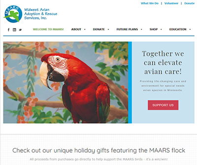 Screen-shot of the new MAARS.org website showing a Green-Winged Macaw and the text "Together we can elevate avian care". Apollo was returned to MAARS when his caretaker became ill.