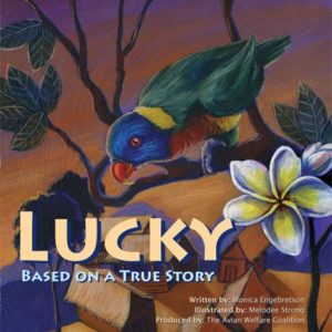 Cover image of a book, "Lucky" showing a drawing of a Rainbow Lorikeet perched in a tree