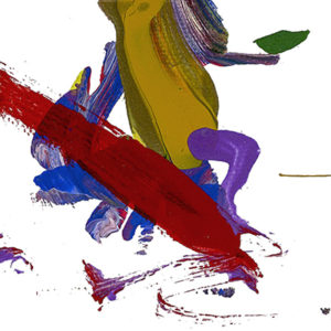 An abstract paining on canvas with red,, purple, and yellow acrylic paints