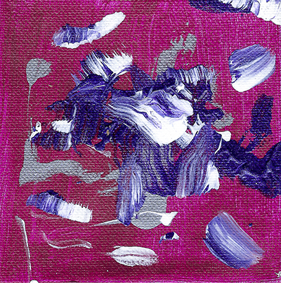 An abstract acrylic on canvas painting with purple, white, and silver paint on a burgundy painted background