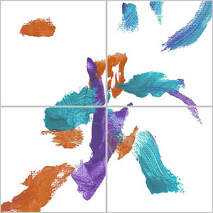 An abstract acrylic on canvas painting with blue, orange, and purple streaks