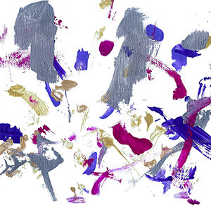 An abstract acrylic on canvas painting with burgundy, silver, gold, and purple streaks and dots