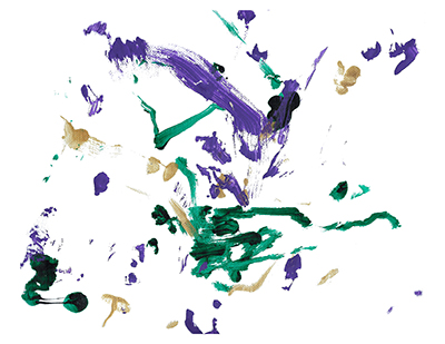 An abstract acrylic on canvas painting with green, purple, and gold streaks centered on a white background