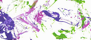 An abstract acrylic painting with purple, pink, and green streaks and dots